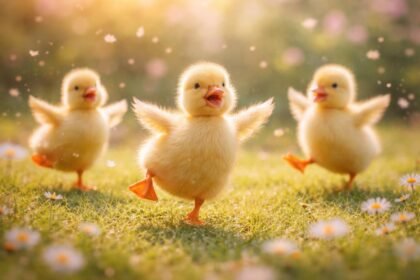 Táncoló kiskacsák a friss zöld réten, vidám hangulatban