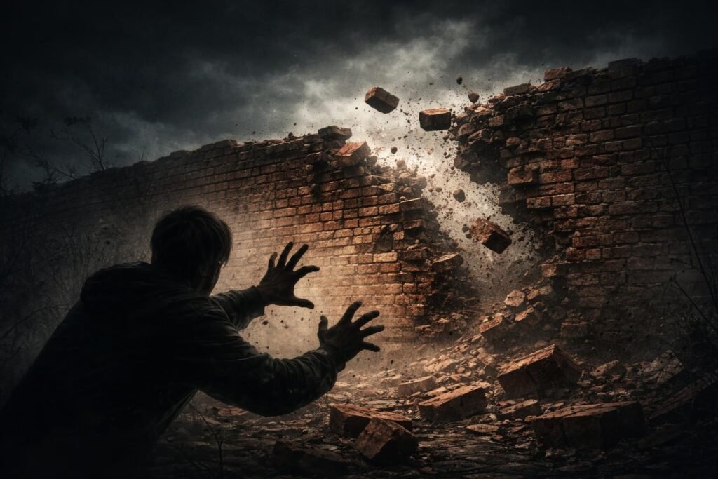 Téglafal omladozik, jelezve félelmeket és bizonytalanságot az álomban