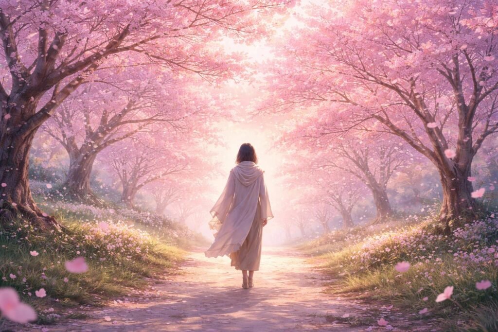 Idősebb nő sétál cseresznyevirágok alatt, elmélyült hangulatban