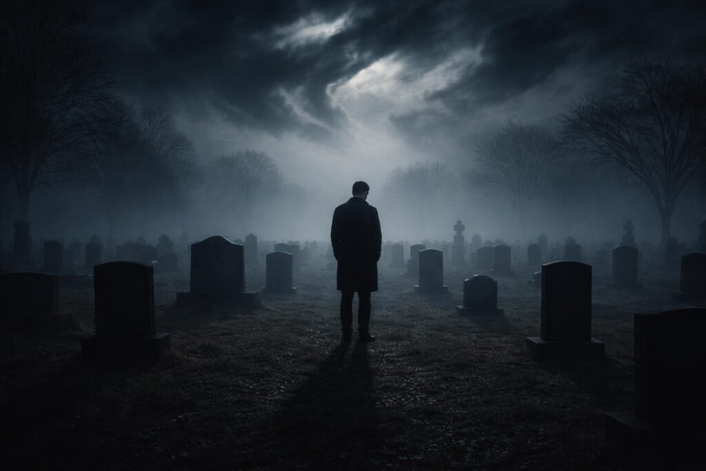 Egy magányos sírkő idegen névvel, csendes temetőben