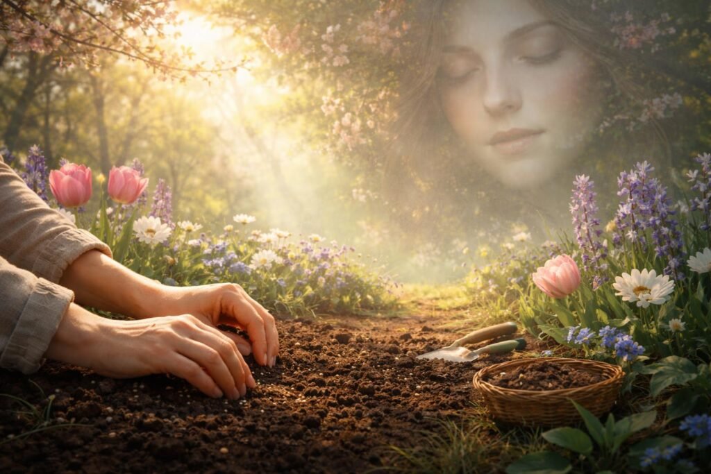 Tavaszi kert, virágzó növények, lelki harmónia és hosszú távú tervek