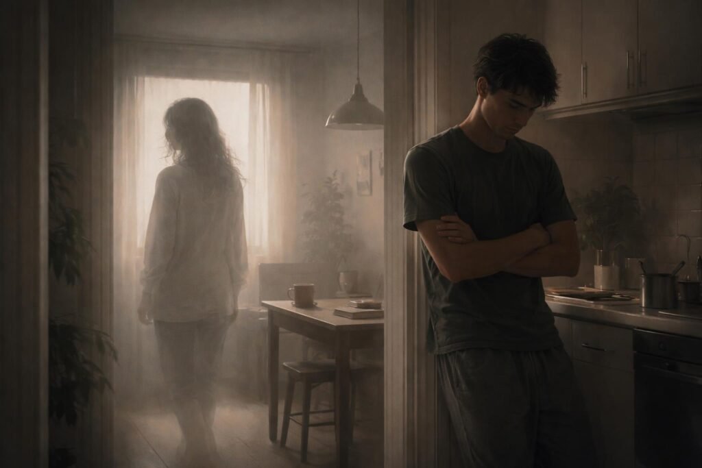 Álomszerű jelenet, ahol egy ember láthatatlan a házban, érzelmi távolságot sugall