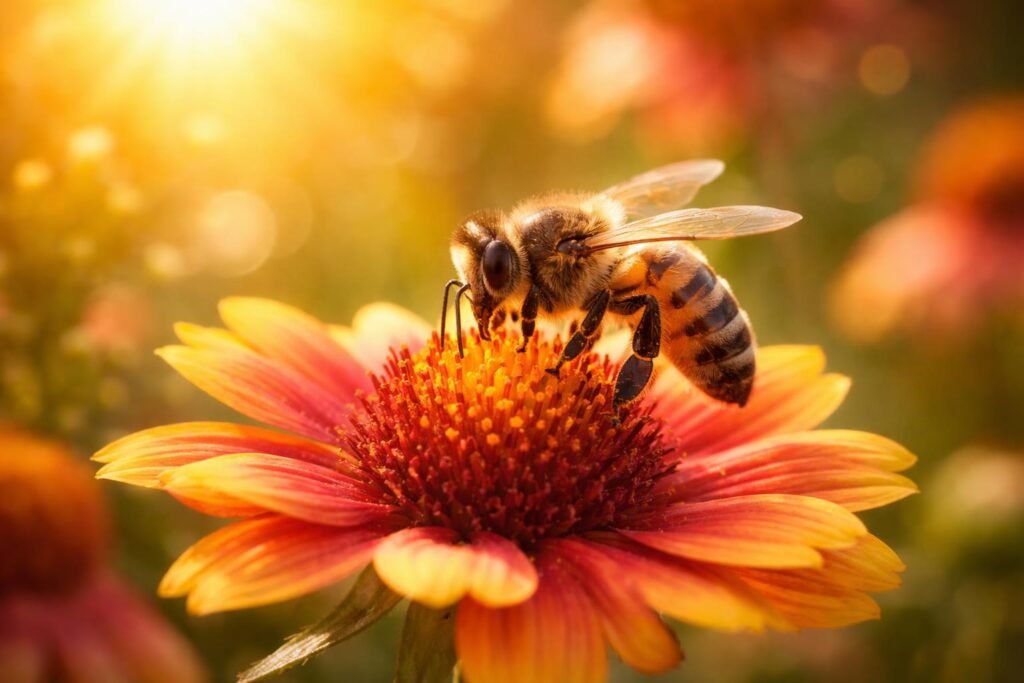 Méhek gyűjtenek nektárt színes virágokon napsütésben