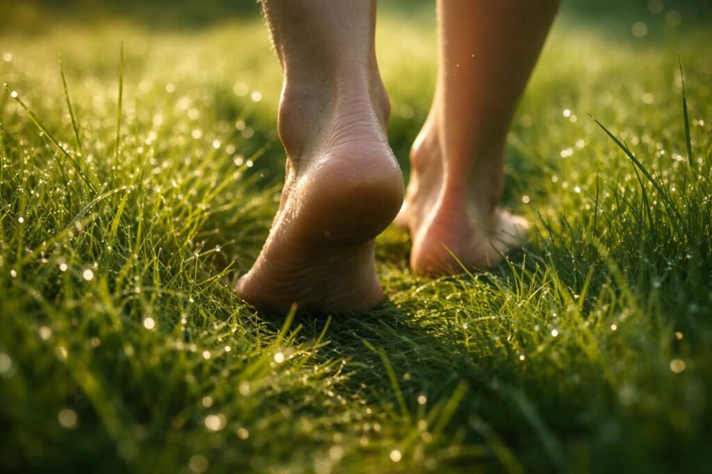Mezítláb járás harmatos zöld fűben, természetes kapcsolat.