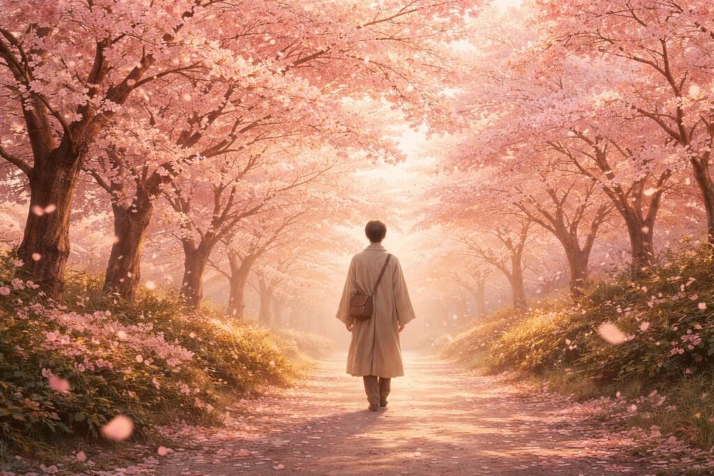 Cseresznyevirágzás alatt sétáló ember a természet szépségében