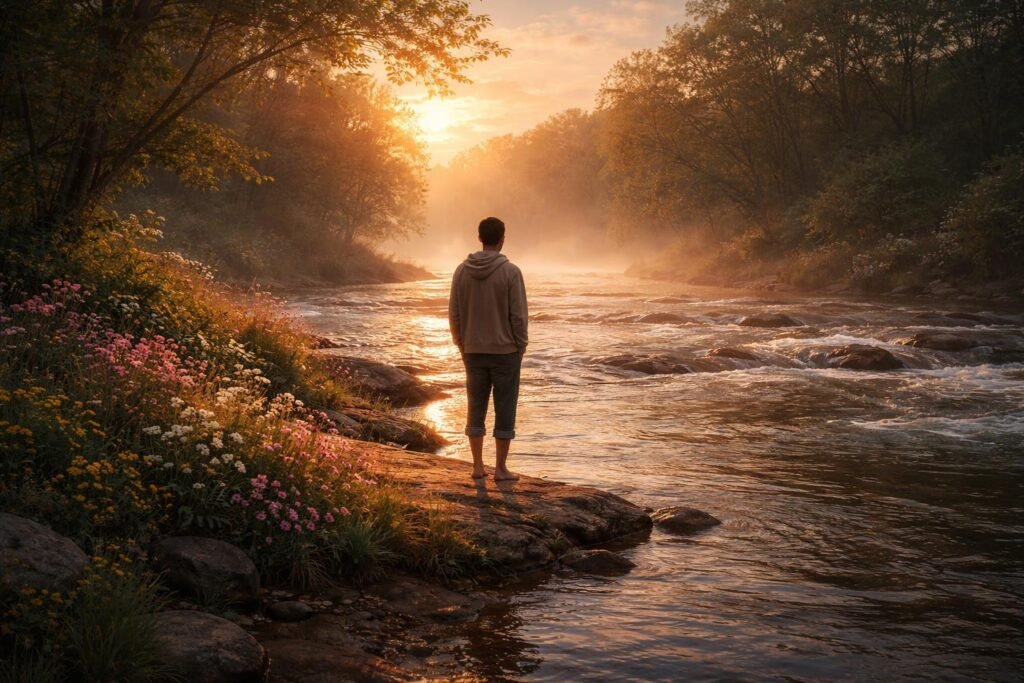 Ember áll a folyó partján tavaszi áradás idején, mély gondolatokkal