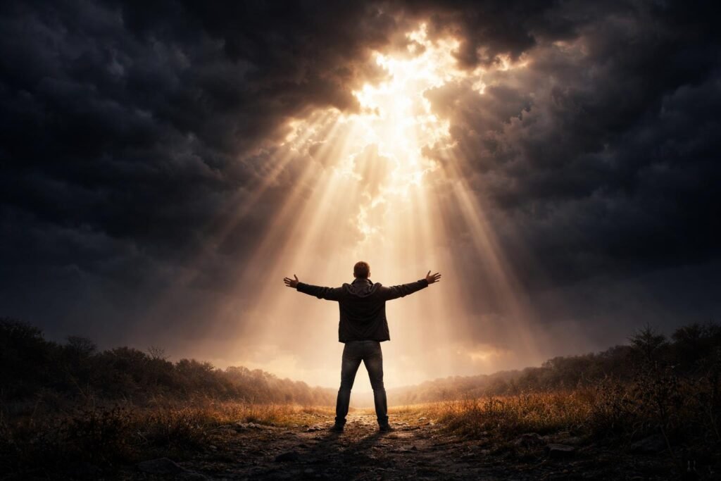 Váratlan napsütés áttör a felhők között szimbolizálva a reményt