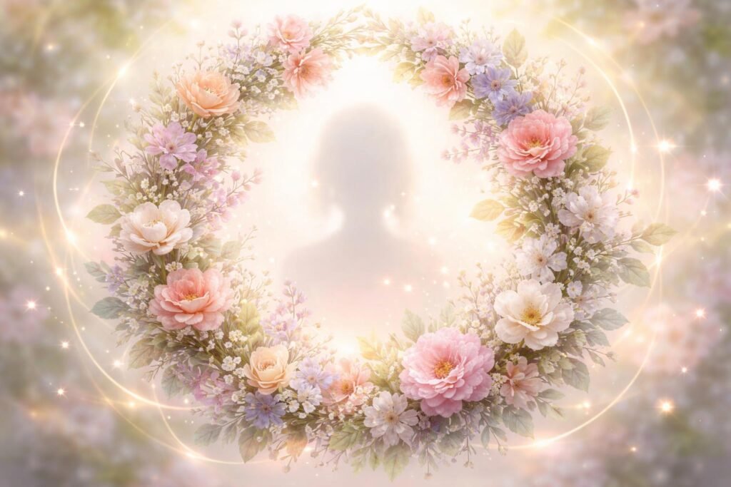 Virágkoszorút fonó kéz, harmonikus természet háttérrel