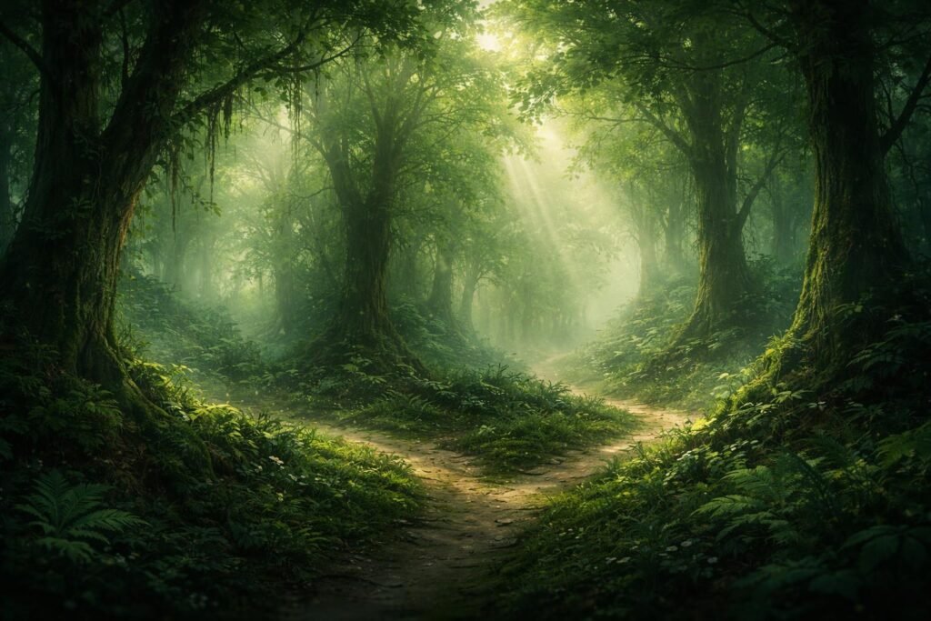 Zöld erdő mélyén útvesztő, álomszerű atmoszféra