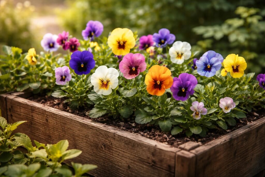 Árvácskák színes virágok egy fa ládában tavaszi kertben