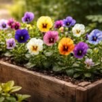 Árvácskák színes virágok egy fa ládában tavaszi kertben