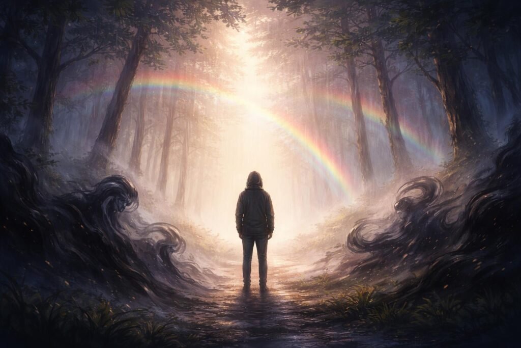 Tavaszi zápor után megjelenő szivárvány, belső béke jelképe