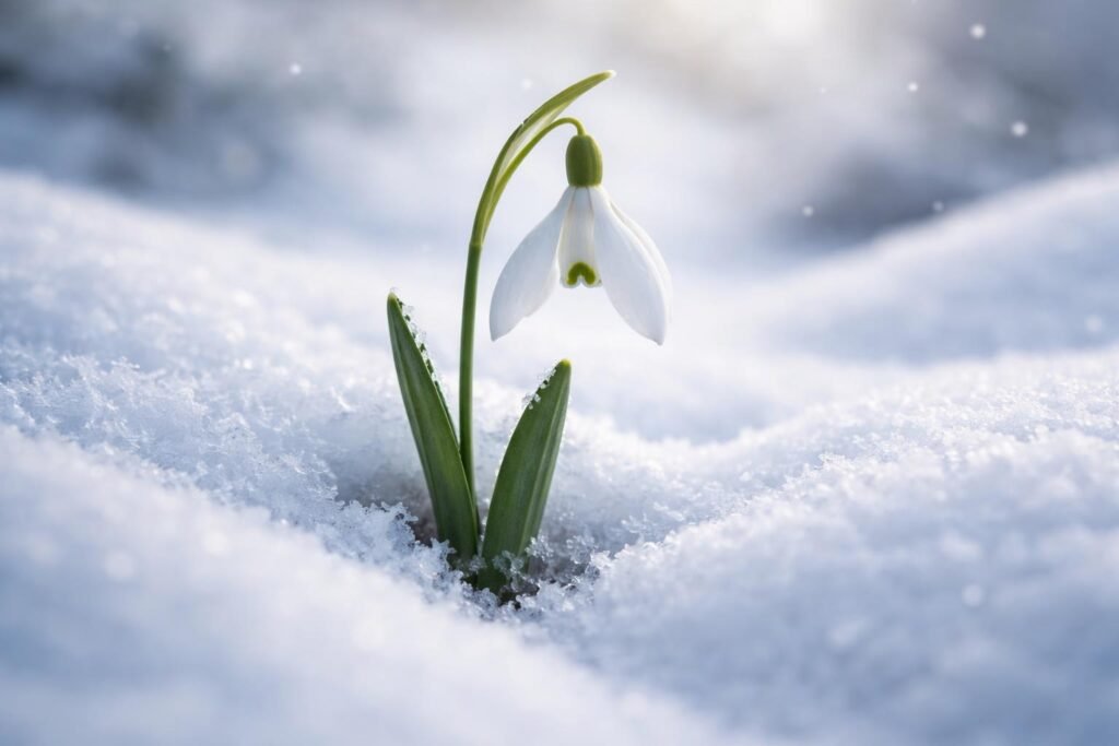 Hóvirágok nyílnak a hó alatt, kitartást jelképezve