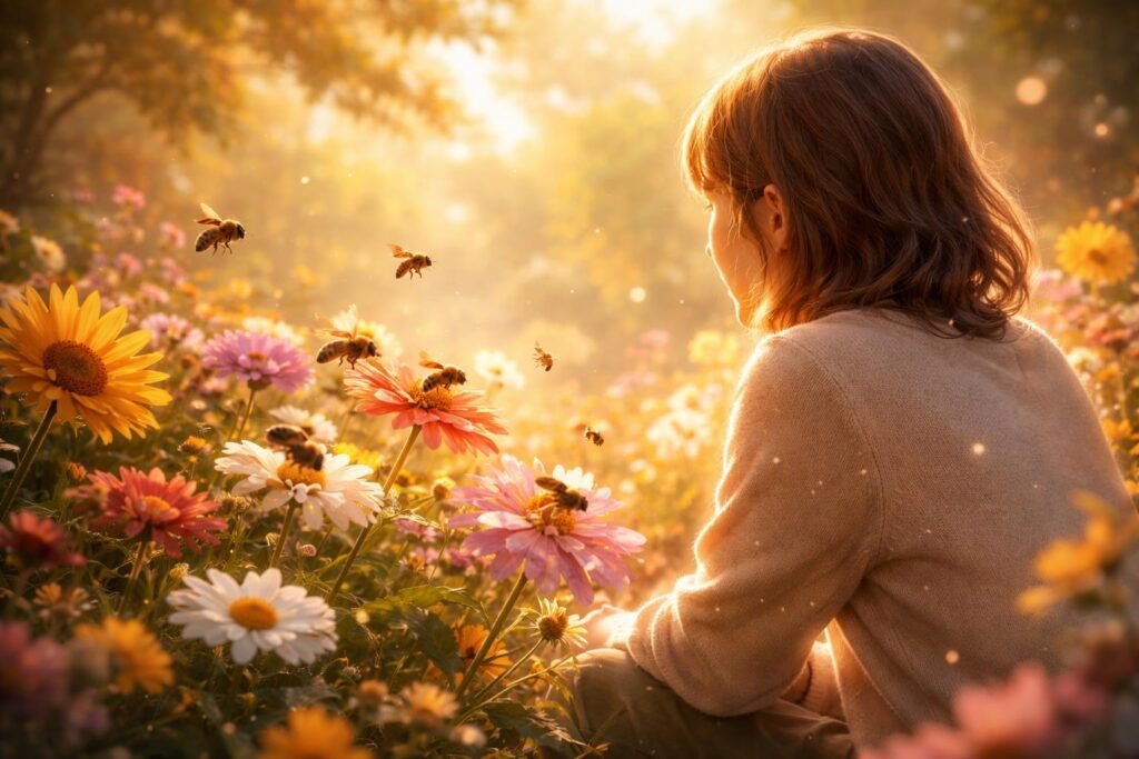 Szorgalmas méhek dolgoznak színes virágokon tavaszi napsütésben