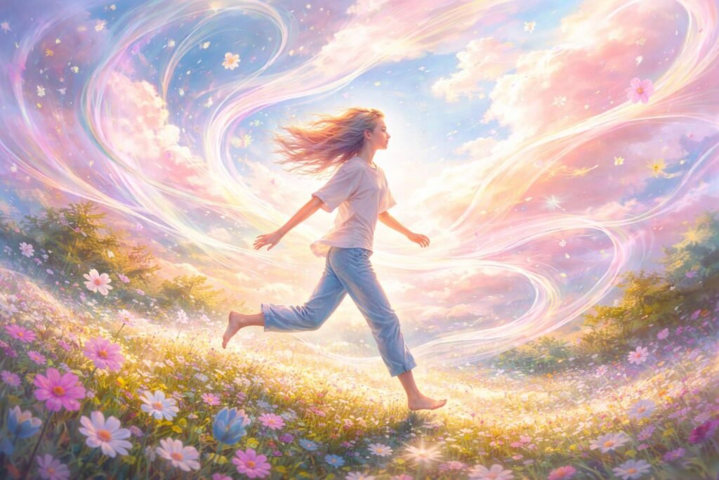 Tavaszi szélben futó ember szabadon és boldogan, természetes környezetben