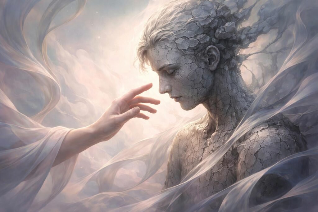 Álomszerű kőszobor arccal, simogatás alatt