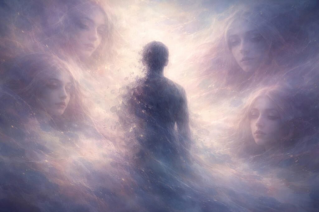 Szerelmes pár arcnélküli alakban álomban.