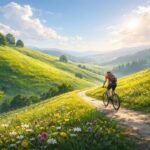 Biciklizés zöld dombok között, harmónia és előrehaladás szimbóluma