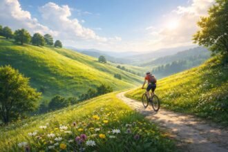 Biciklizés zöld dombok között, harmónia és előrehaladás szimbóluma