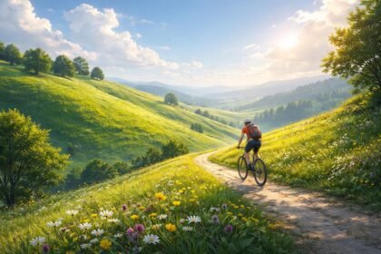 Biciklizés zöld dombok között, harmónia és előrehaladás szimbóluma