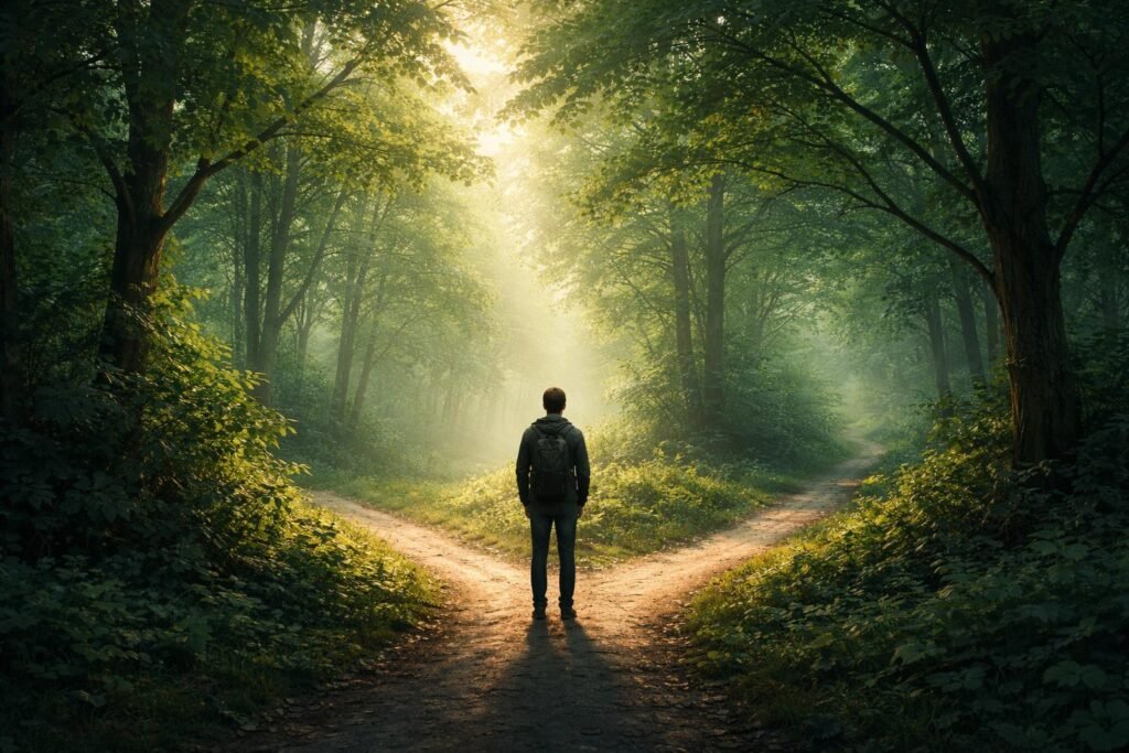 Zöldellő erdőben eltévedt ember áll a sok lehetőség között