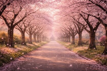 Cseresznyevirágok alatt sétáló nő tavaszi napsütésben