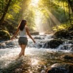 Dübörgő patakon át gázoló személy az érzelmi megtisztulás szimbóluma