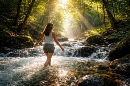 Dübörgő patakon át gázoló személy az érzelmi megtisztulás szimbóluma