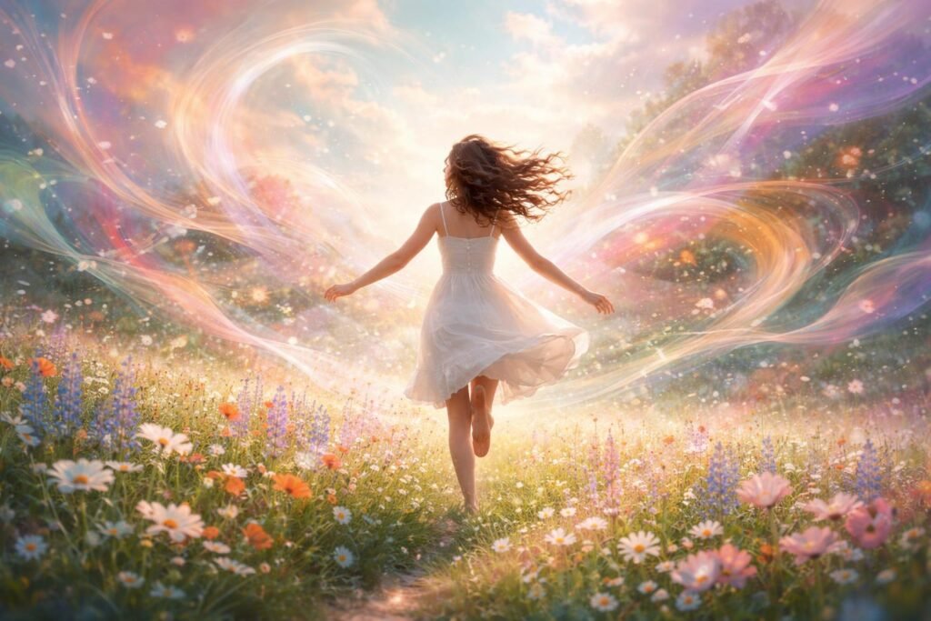 Tavaszi szélben futó fiatal nő szabadságot élvez a természetben