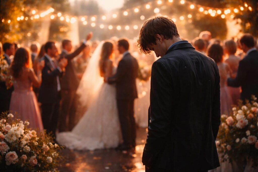 Egyedül álló személy vérző szívvel esküvői tömegben