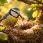 Fészket rakó madár ágakat hordoz egy faágon a biztonság érdekében