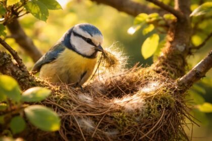Fészket rakó madár ágakat hordoz egy faágon a biztonság érdekében