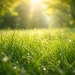 Frissen nyírt zöld fű és napsütéses kert látványa