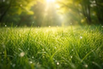 Frissen nyírt zöld fű és napsütéses kert látványa