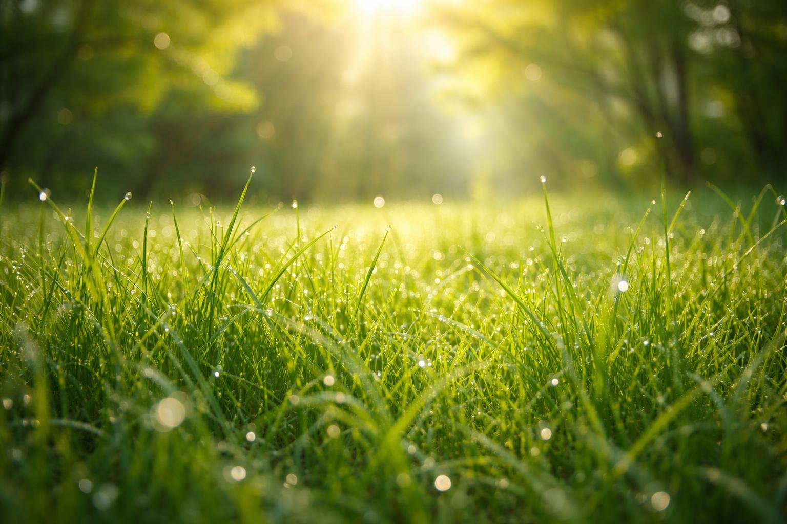 Frissen nyírt zöld fű és napsütéses kert látványa