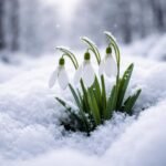Hóvirág áttör a tiszta, fehér hó alatt a tavasz kezdetén