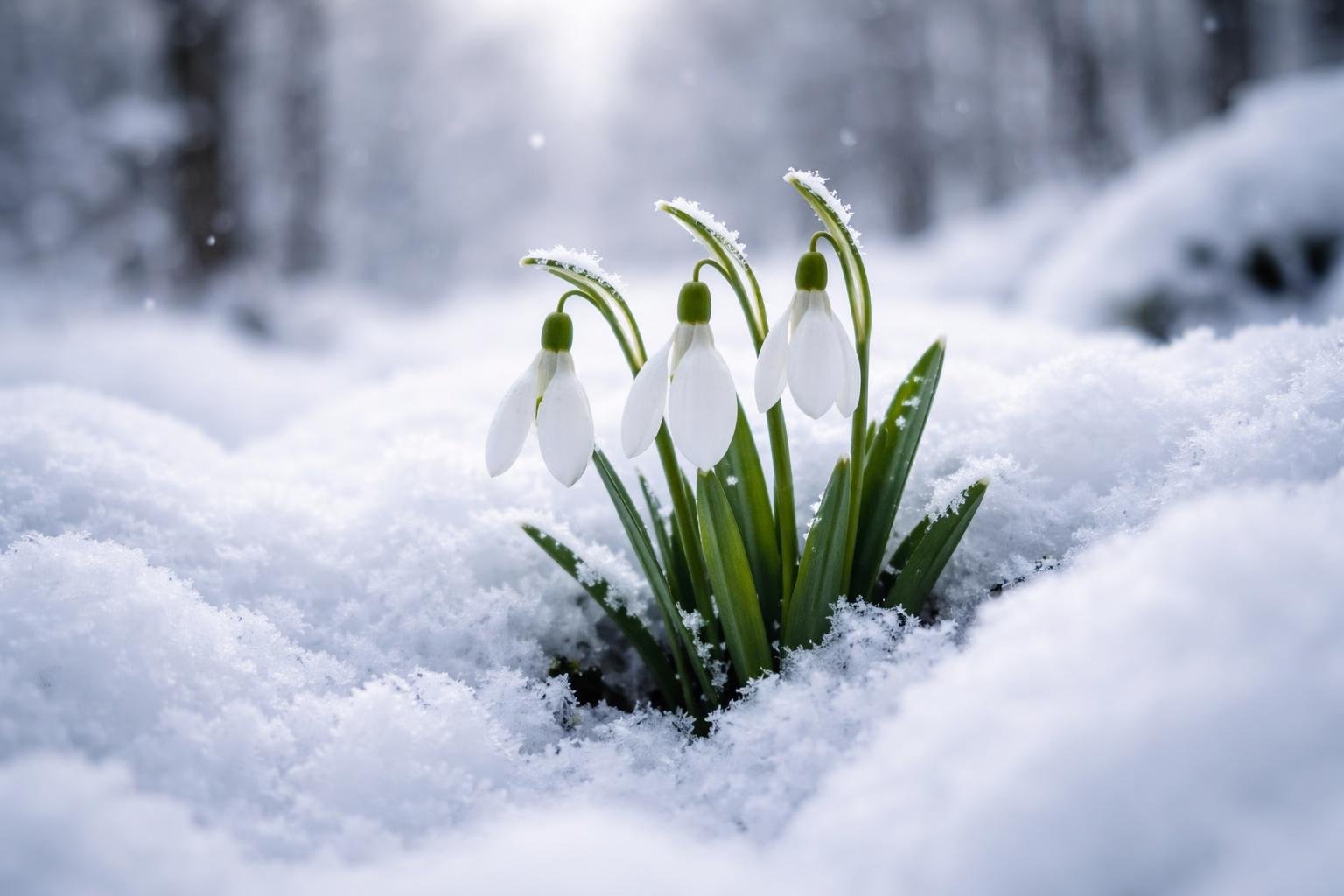 Hóvirág áttör a tiszta, fehér hó alatt a tavasz kezdetén