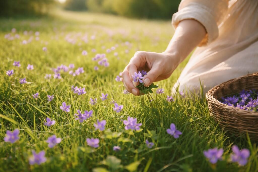 Csendes mező ibolyákkal, nyugalom és belső béke szimbóluma