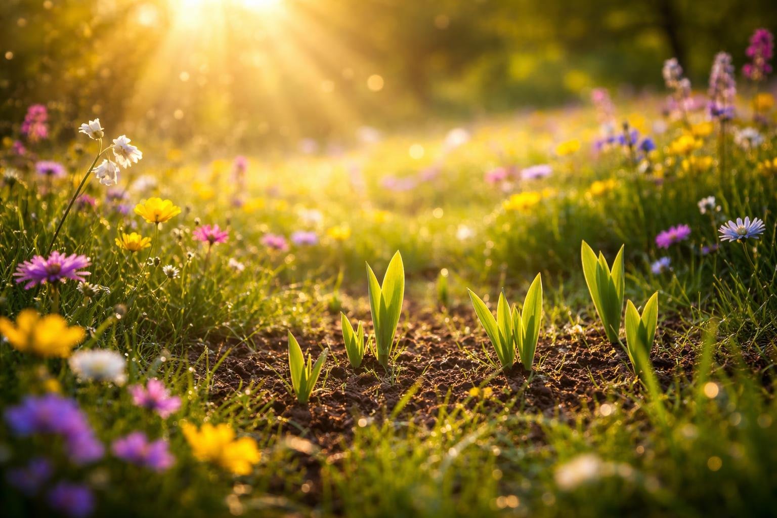 Izgatottan várakozó személy a friss tavaszi virágok között