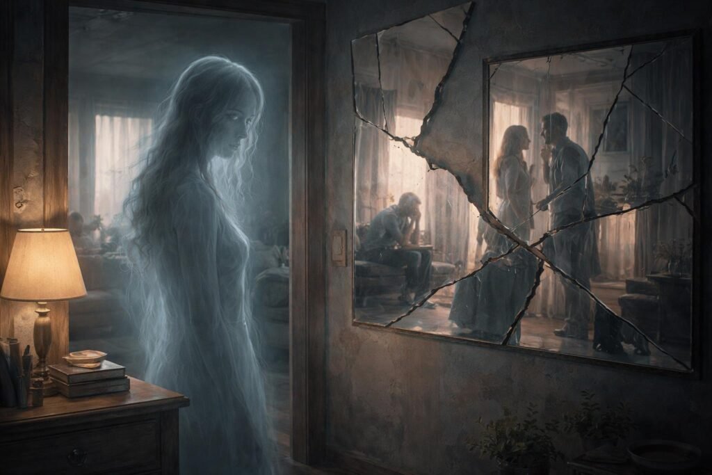 Láthatatlan alak egy ház belsejében álomban, párkapcsolati kudarcot jelképezve