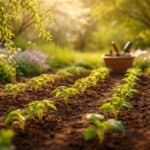 Tavaszi kert ültetés fiatal növényekkel, remény és tervezés