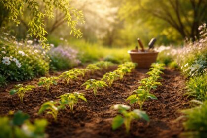 Tavaszi kert ültetés fiatal növényekkel, remény és tervezés