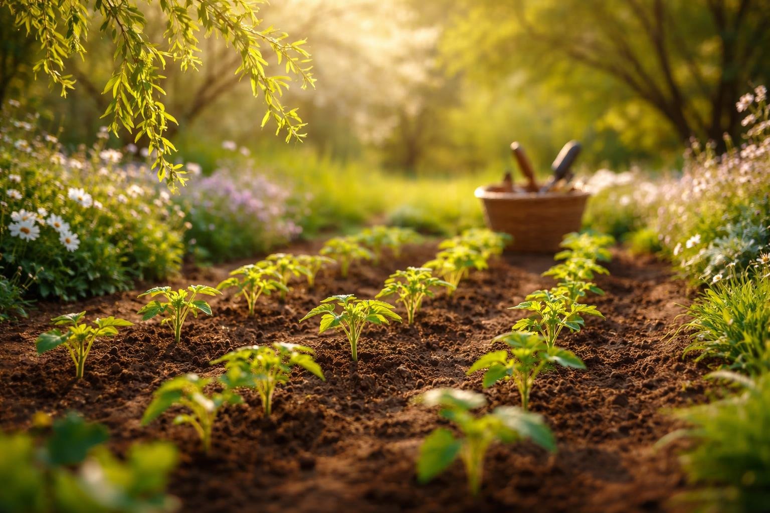 Tavaszi kert ültetés fiatal növényekkel, remény és tervezés