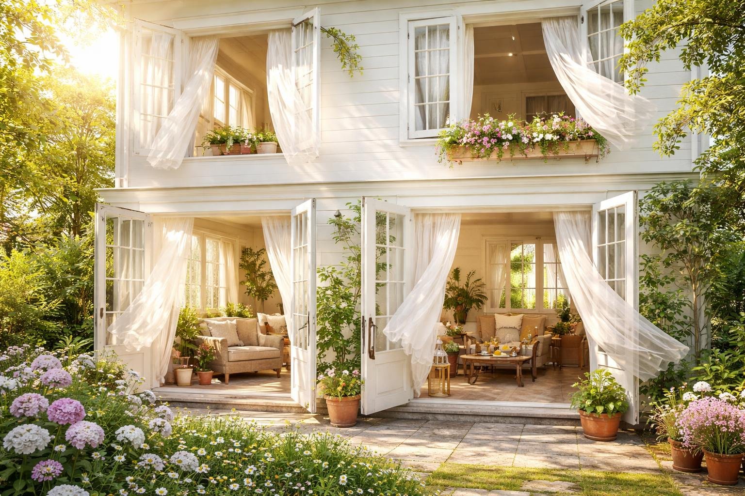 Kinyitott ablakok egy otthonban, friss levegő és fény áramlik be