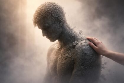 Kővé váló alak simogatás alatt, érzelmi zárkózottság jelképe