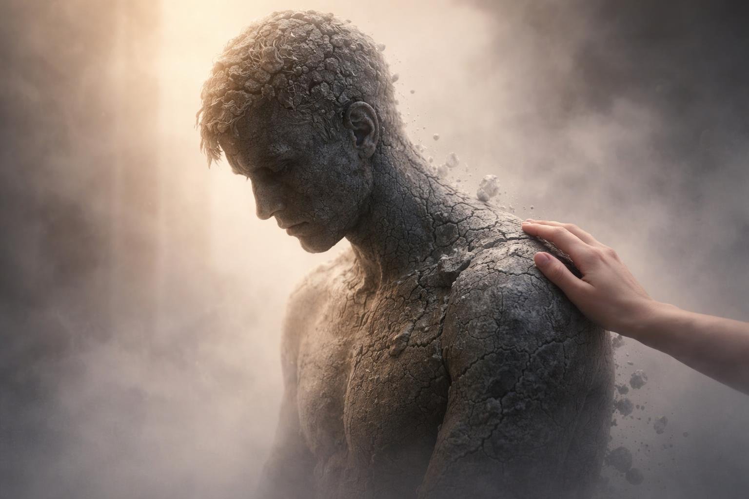 Kővé váló alak simogatás alatt, érzelmi zárkózottság jelképe