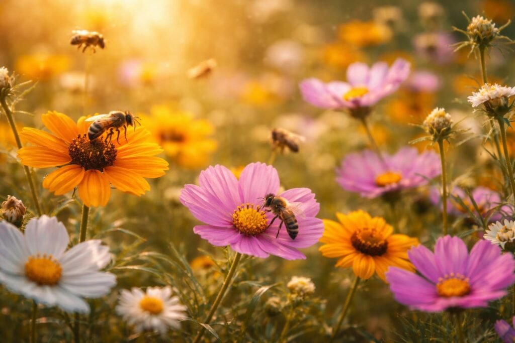 Méhek virágokon, szorgalom és munka gyümölcse