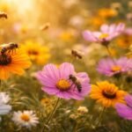 Méhek virágokon, szorgalom és munka gyümölcse