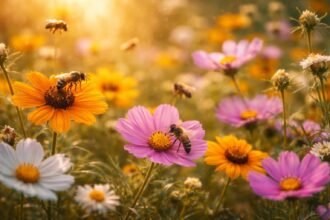 Méhek virágokon, szorgalom és munka gyümölcse