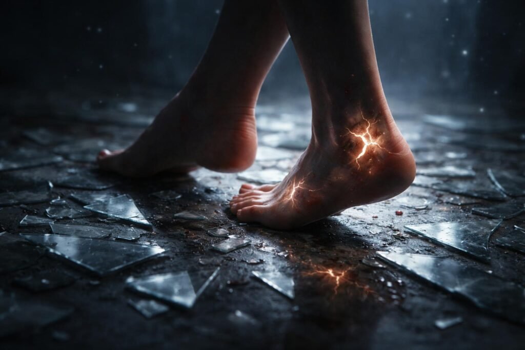 Mezítláb lépő személy törött tükrök között, önvád és múlt